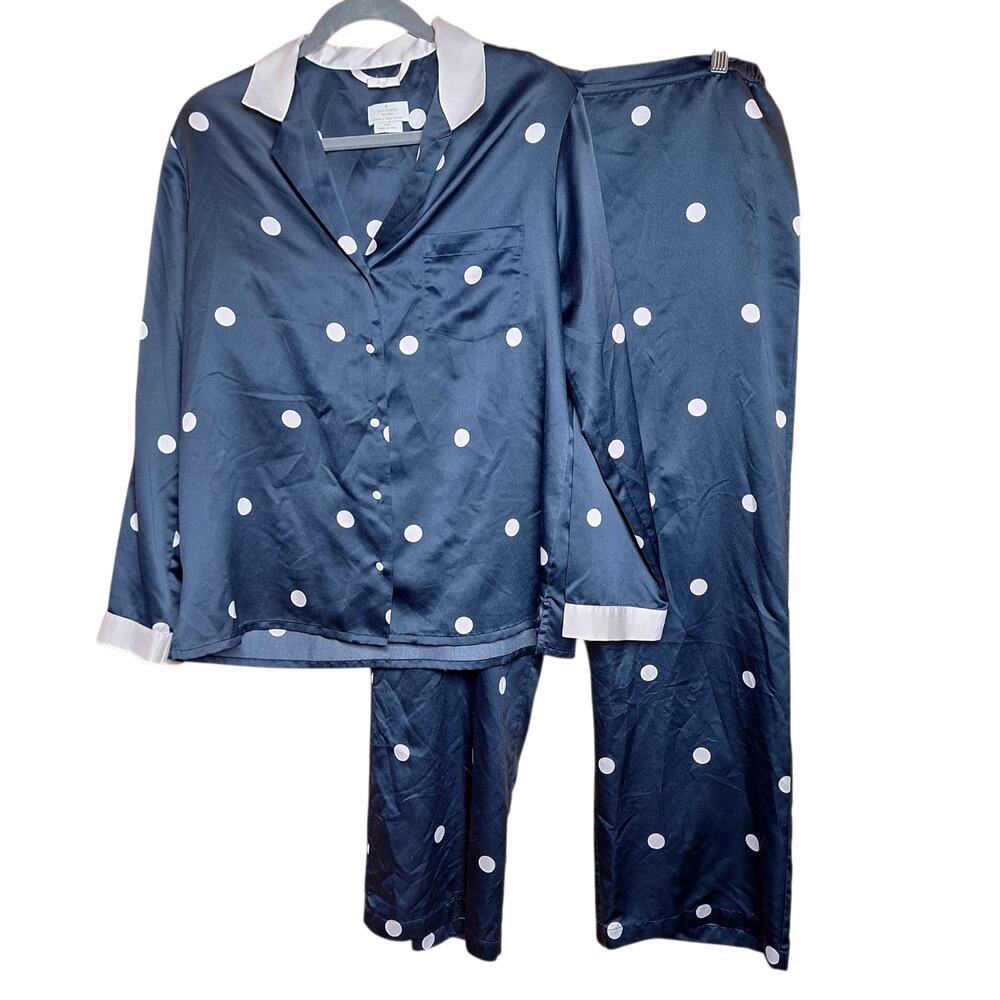 Kate Spade Satin Navy Polka-dot print pajama set 2 piece long sleeve buttondown - Picture 2 of 6